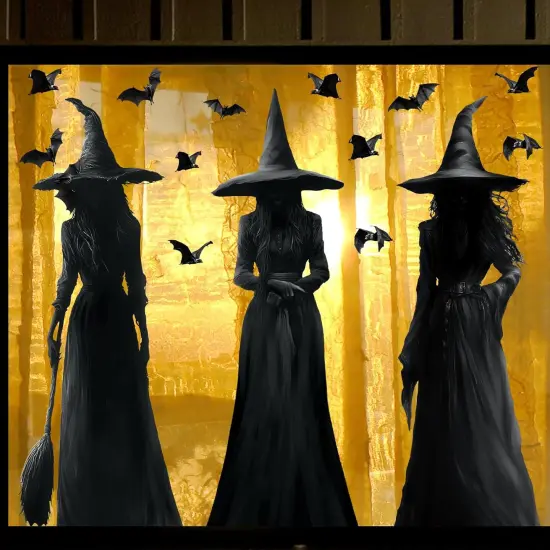3pcs Large Dark Witch and Bats Silhouette Halloween Decals {1}