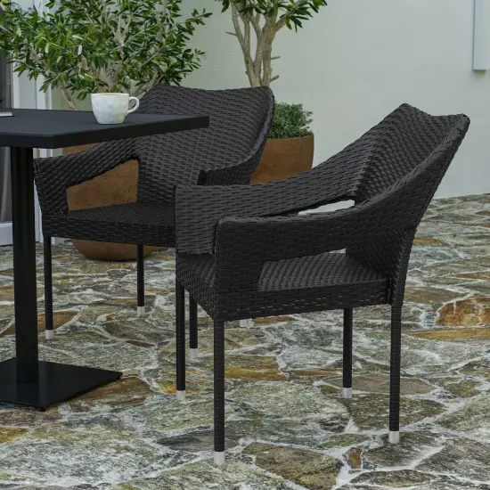 Merrick Lane Eldon Weather Resistant Indoor/Outdoor Stacking Patio Dining Chair with Steel Frame and PE Rattan Black {6}