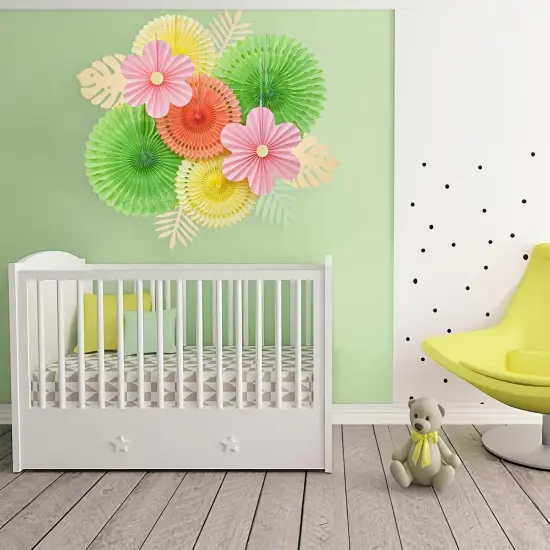 Paper Flowers Pink and Green Party Decorations Hanging Fans Spring Summer Decor for Wall Wedding Backdrop Bridal Shower Birthday - 9Pcs {3}