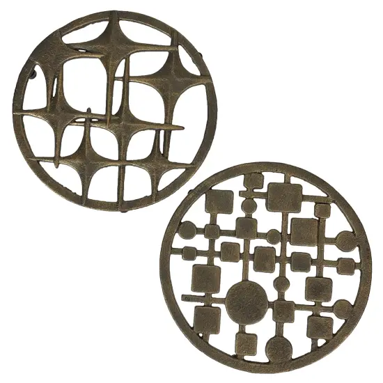 Set of 2 Cast Iron Trivets – Stars & Circles/Squares, Bronze, 8" MCM Style {1}