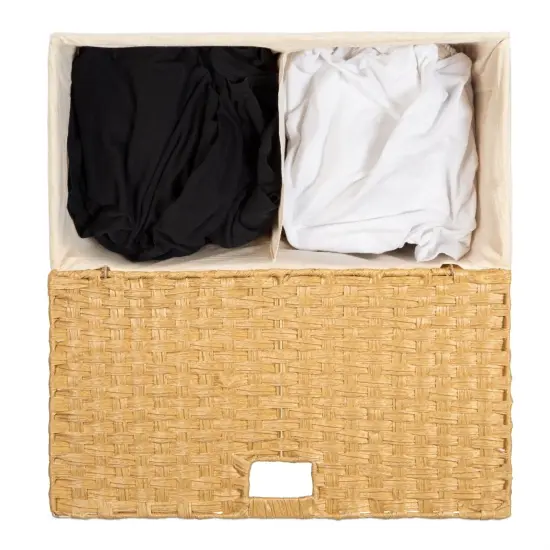 Natural Wicker Folding Laundry Hamper with 2 Bins and Linen Liner {4}