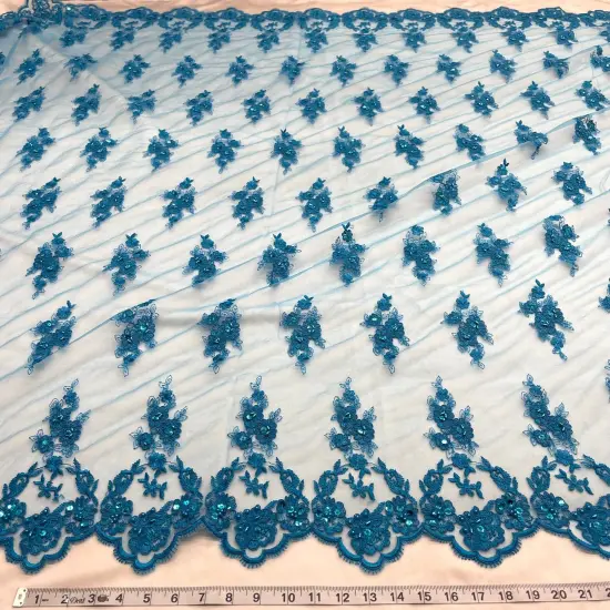 1 Yard Beaded Corded Lace Fabric Embroidered Elegant Mesh Bridal Gown 53" Width Turquoise {1}