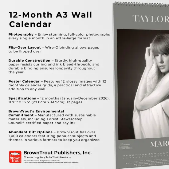 Taylor Swift OFFICIAL | 2026 11.7 x 16.5 Inch (Hanging) Monthly A3 Poster Wall Calendar {6}