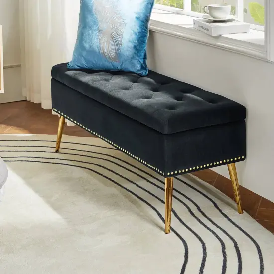 Upholstered Velvet Storage Bench with Tufted Seat and Gold Metal Legs Black {2}
