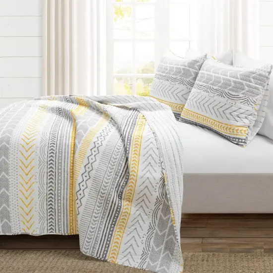 3 Piece Lightweight Cotton Quilt Set Grey White Yellow Reversible Bedding with Pillow Shams {5}