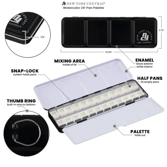 New York Central Watercolor Palette - 24 Empty Half Pans Boxes and Palette with 10 Watercolor Swatch Cards {6}