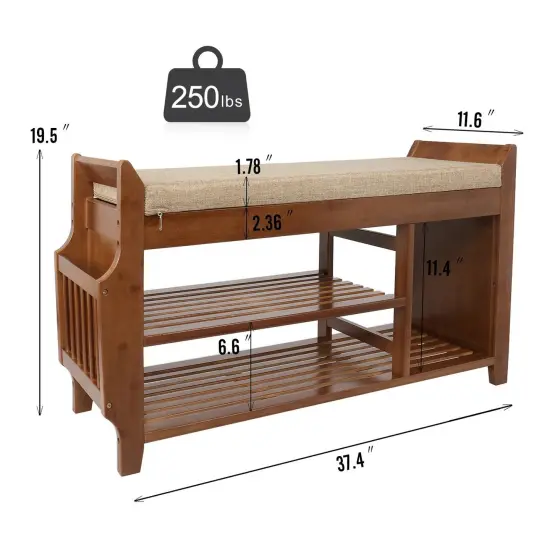 Brown Solid Wood Shoe Rack Bench with Cushioned Seat, Drawer and Shelves {4}