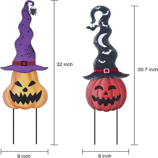 Set of 2 Pumpkin Garden Stakes with Witch Hats {4}