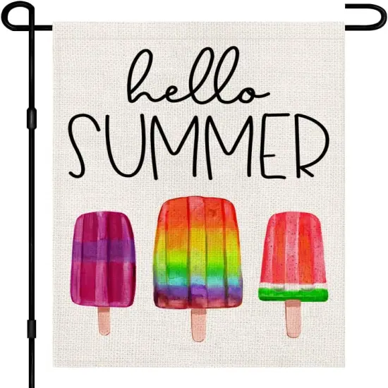 Hello Summer Ice Cream Garden Flag Burlap 12x18 Inch Double Sided, Seasonal Sign Outdoor Decor Yard Small Flags DF269 {1}