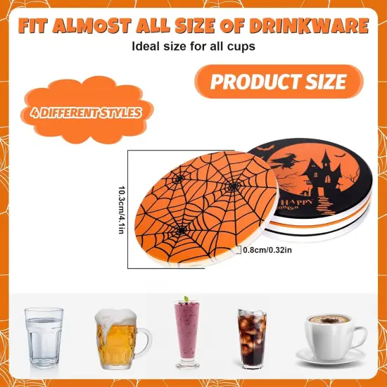 4Pcs Halloween Coasters Orange Black Round Ceramic Coaster Trick {2}
