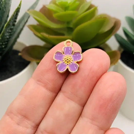 Purple and Gold Flower Charms, 16x13mm {3}