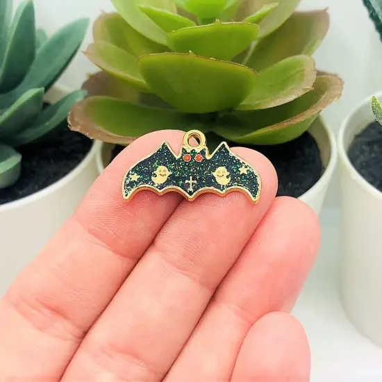 Black Enamel Bat with Glitter Wings Charms, 14x25mm {2}
