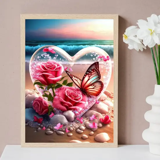 Beach Diamond Painting Kits for Adults, Flowers Heart Diamond Art Kits, 5D DIY Full Drill Seaside Butterflies Paint with Diamonds, Crystal Gem Art for Home Wall Decor 12 x 16 Inch {2}