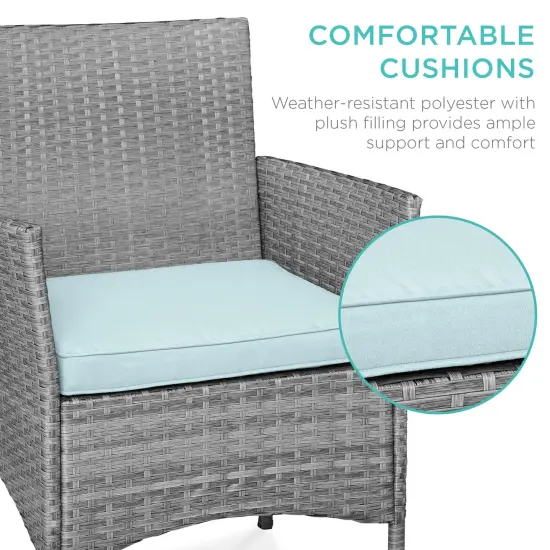 Best Choice Products 3-Piece Outdoor Wicker Conversation Patio Bistro Set, w/ 2 Chairs, Table Gray/Pastel Blue {4}