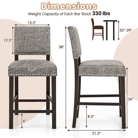 Costway Set of 2 Counter/Bar Height Chairs with Solid Rubber Wood Frame & Adjustable Foot Pads Gray & Dark Brown {3}