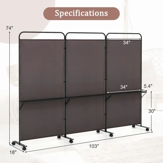 3-Panel Folding Room Divider with 3 Metal Shelves and Lockable Wheels Brown {5}