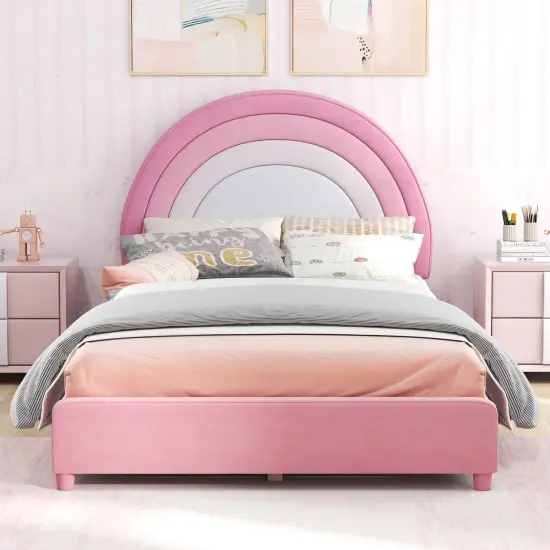 Velvet Kids Twin Bed with Adjustable Headboard Sturdy Wooden Frame and Soft Upholstery White & Pink {2}