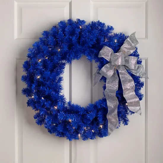 Northlight Pre-Lit Artificial Pine Christmas Wreath - 24" - Royal Blue - Clear Lights {1}