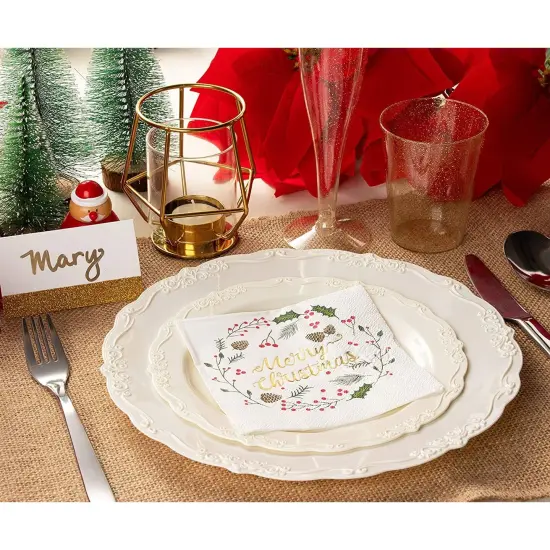 Juvale 50 Pack Merry Christmas Paper Cocktail Napkins for Holiday Party Supplies, Wreath with Gold Foil Design - 5 x 5 Inches White Napkins for Christmas Party {2}