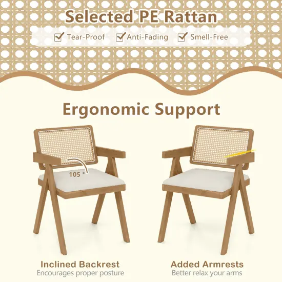 Set of 2 Rattan Accent Chairs with Padded Cushion & Rubber Wood Frame for Living Room Beige {6}