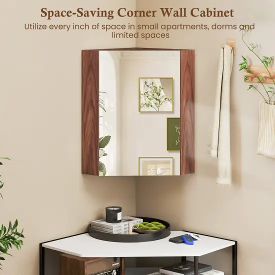 Corner Medicine Cabinet with Mirror with Open Mirror Door and Adjustable Shelf Brown {6}