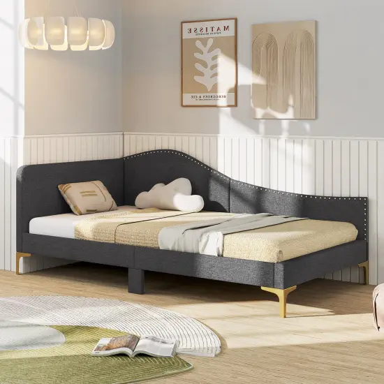 Full/Twin Size Rivet-Tufted Platform Bed with Metal Legs and Wood Slats-Full Size {5}