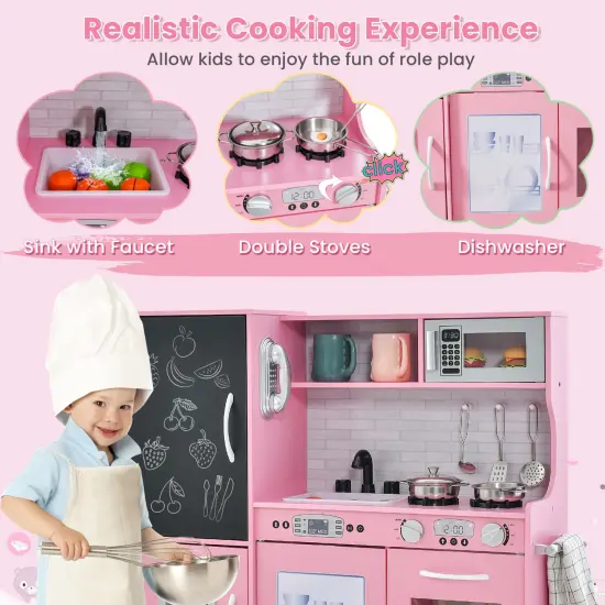 Wooden Pretend Play Kitchen Set for Toddlers, Boys & Girls Ages 3-6 with Cooking Accessories Pink {6}