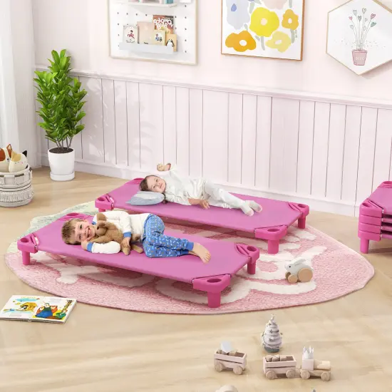 Stack-able Nap Cot for Kids with Steel Frame Oxford Fabric Raised Design and Easy Cleaning Pink {2}