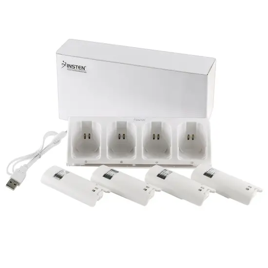 For Nintendo Wii U Quad Remote Controller Charger Charging Dock Station + 4x Rechargeable Replacement Battery Pack Accessories Bundle, White {6}