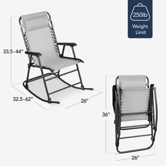 Best Choice Products Folding Outdoor Zero Gravity Rocking Lounge Chair w/ Headrest Pillow Ice Gray {2}