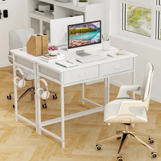 Space Saving Home Office Desk with 2 Fabric Drawers and 4 Hanging Hooks White {6}