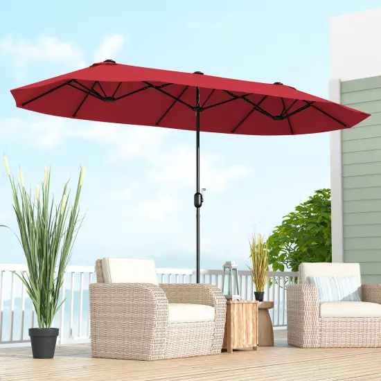 Polyester 13 Feet Double-Sided Patio Twin Table Umbrella with Crank Handle & UV Protection Wine {6}