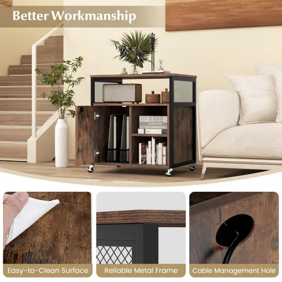 File Cabinet on Wheels with Charging Station and Cable Management Hole Brown {6}