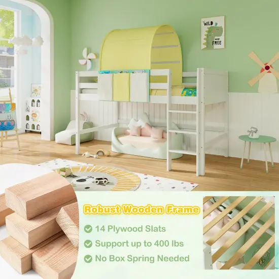 Twin Size Playhouse Loft Bed Frame with Tower Tent and 3 Storage Pockets for Kids Turquoise {6}