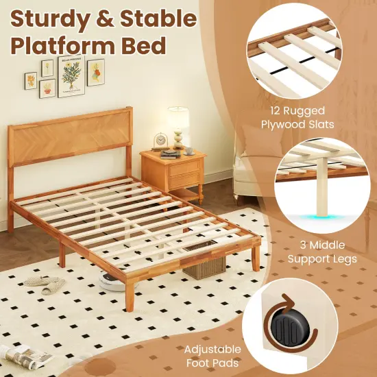Rustic Golden Brown Acacia Wood MDF Platform Bed Frame with Headboard and Under-Bed Storage {6}