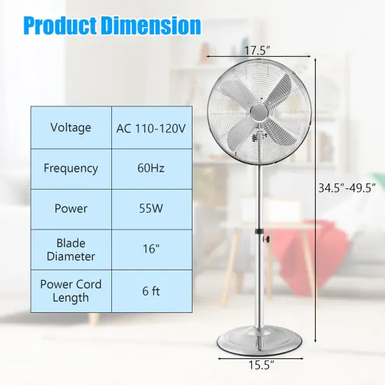 16 Inch Pedestal Standing Fan Oscillating Pedestal Fan with 3 Speeds and Adjustable Height Silver {4}