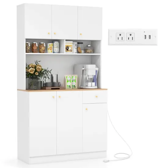 Costway 71" Tall Pantry Cabinet with Outlets USB Ports Anti-Tipping Kits Adjustable Shelves White {7}