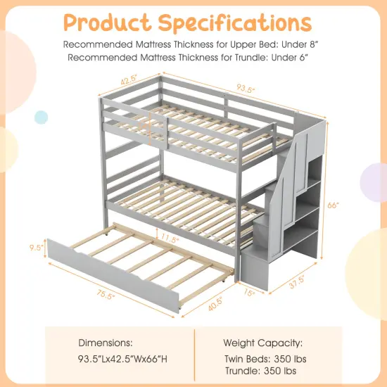 Twin Bunk Bed with Guard Rail and 4-Step Storage Stairs No Box Spring Needed Grey {4}
