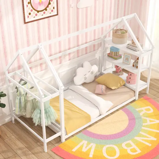Twin Size Montessori Floor House Bed with Detachable Storage Shelves White {5}