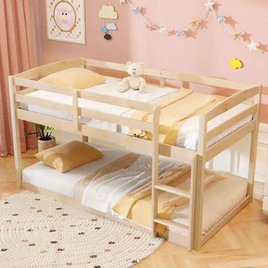 Metal Twin Size Bunk Bed with High Guardrails and Integrated Ladder for Safety and Easy Access Natural {3}