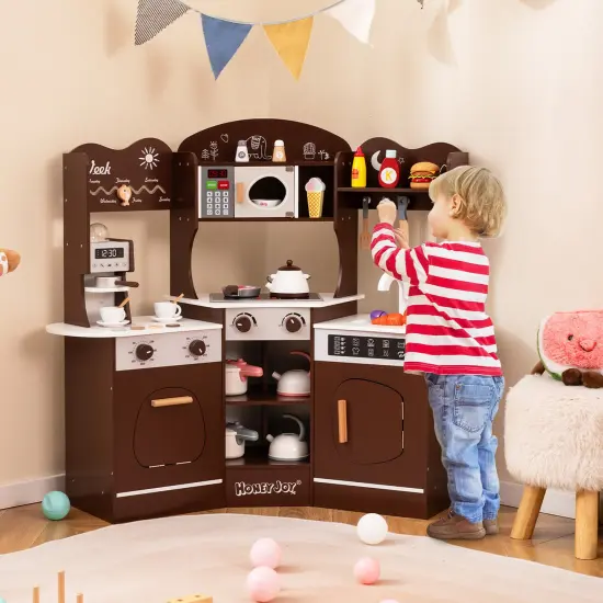 Wooden Corner Play Kitchen with Coffee Machine, Slide, and Storage for Kids Brown {3}