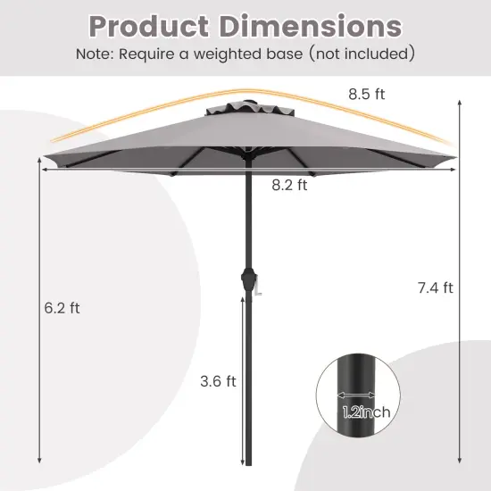 Fabric Outdoor Heavy Duty Market Umbrella with Crank Handle, 8 Sturdy Ribs, UV Protection Grey {4}