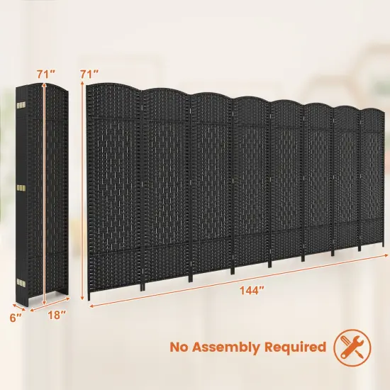 8-Panel Folding Room Divider with Hand-Woven Texture and Solid Wood Frame Black {4}