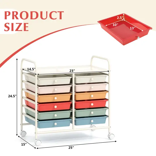 12 Removable Drawers Rolling Storage Cart with 4 Universal Wheels and Metal Frame Macaron {5}