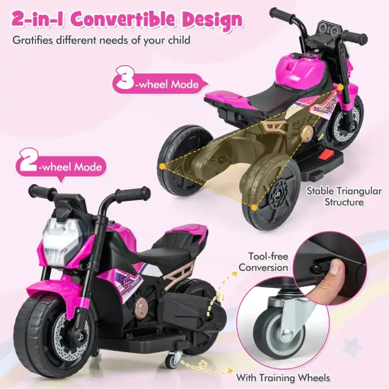 Plastic 6V Kids Ride-on Motorcycle with Battery Power and Detachable Training Wheels Pink {5}