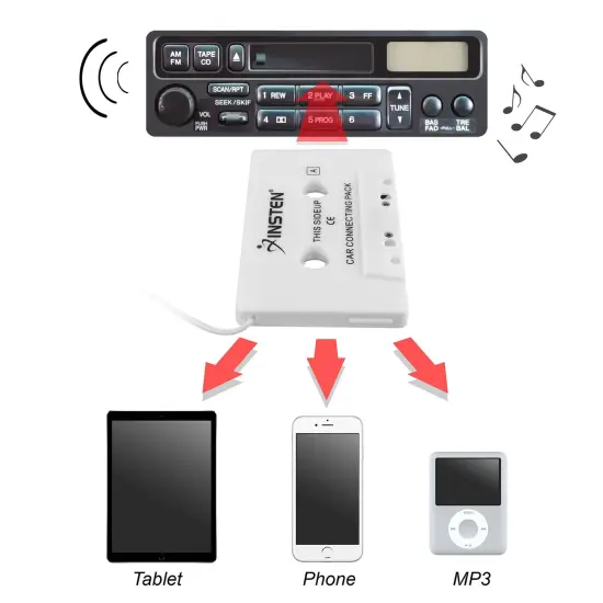 Insten Universal Car Audio Cassette Adapter, White for Apple iPad Mini 5 iPad Air 2019 iPhone 6 6s Samsung Galaxy S10 S10+ S9 S9+ Plus S8 S7 Note 5 4 LG K20 Plus K8v K7 Stylo 3 G4 G3 HTC One M7 M8 M9 {4}
