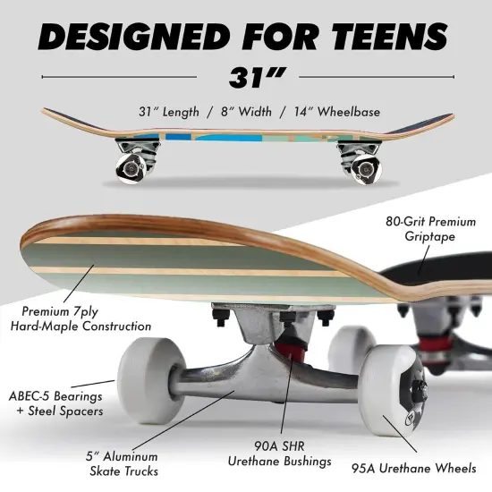 Magneto Complete Skateboard | 27.5" x 7.5" | 6-Layer Canadian Maple Double Kick Concave Deck | Skateboard Cruiser Skateboard for Kids, Boys, Girls, Beginners Ages 3-14, and Teens Multicolor {4}