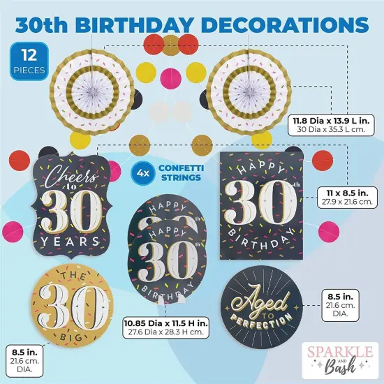 30th Birthday D&eacute;cor, Includes Table Centerpieces, Wall Sign, Ceiling Decorations and Confetti String (12 Pieces) Multicolor {2}