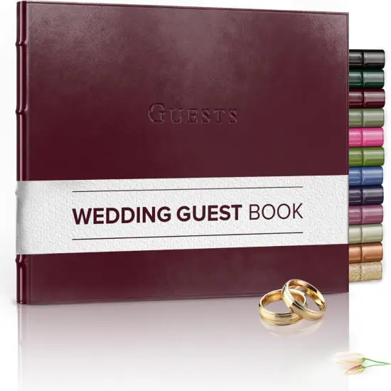 Gallery Leather Guest Book Wedding, Party, Special Events, add Polaroid Photos, 192 Lined Pages, Bonded Leather, Hardcover 7" x 9" Acadia Burgundy {1}