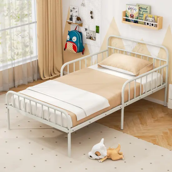 Twin Size Metal Bed Frame with Headboard Included Safety Side Guardrails White {2}